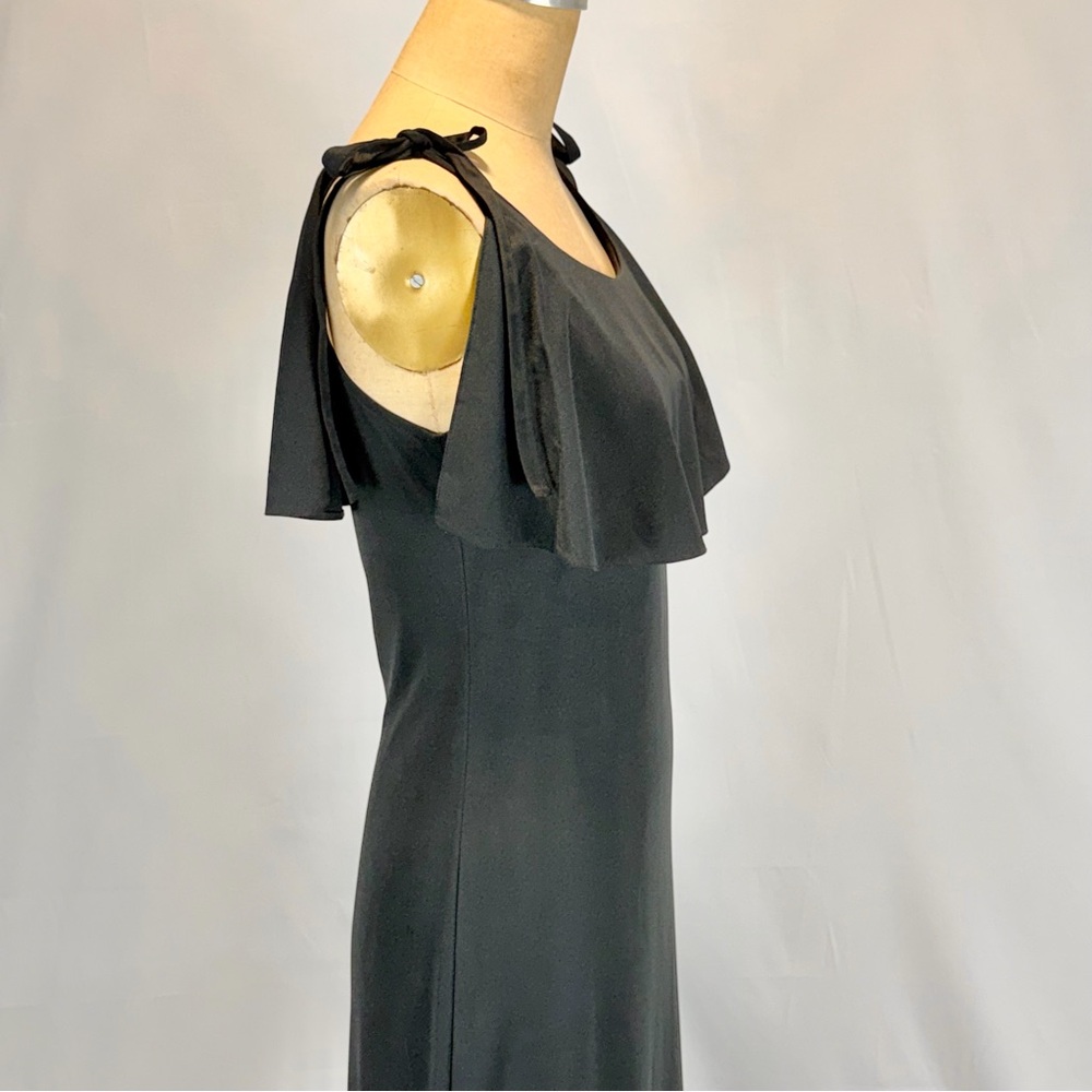 VINTAGE 70s black ruffle bodice long maxi dress bow‎ tie strap black formal prom - Picture 4 of 11